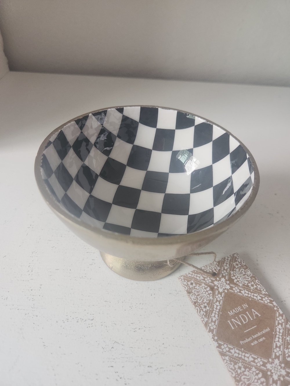 Checkerboard Ceramic Lined Brass Pedestal Bowl - Picture 9 of 9